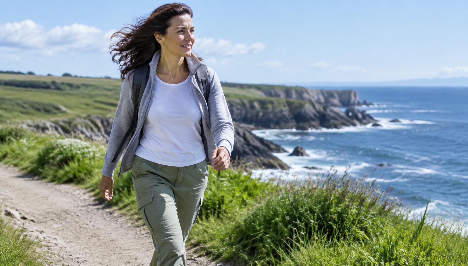 A woman walking with real momentum along a sunlit coastal path