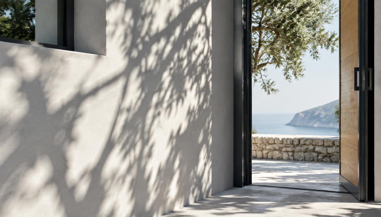 Morning light and tree shadows across a pale wall beside an open door to the sea