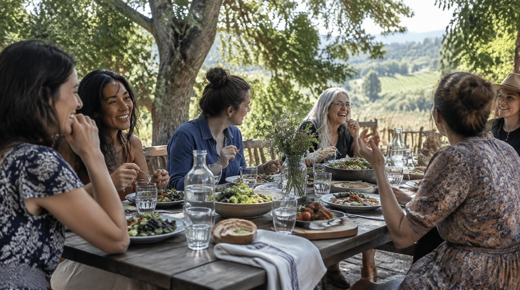 Women sharing food and conversation around a long outdoor table